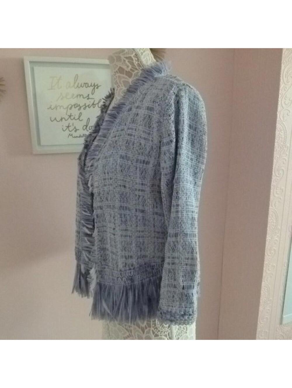 White House Black Market Fringe Sweater Jacket baby blue white Small - Picture 8 of 9